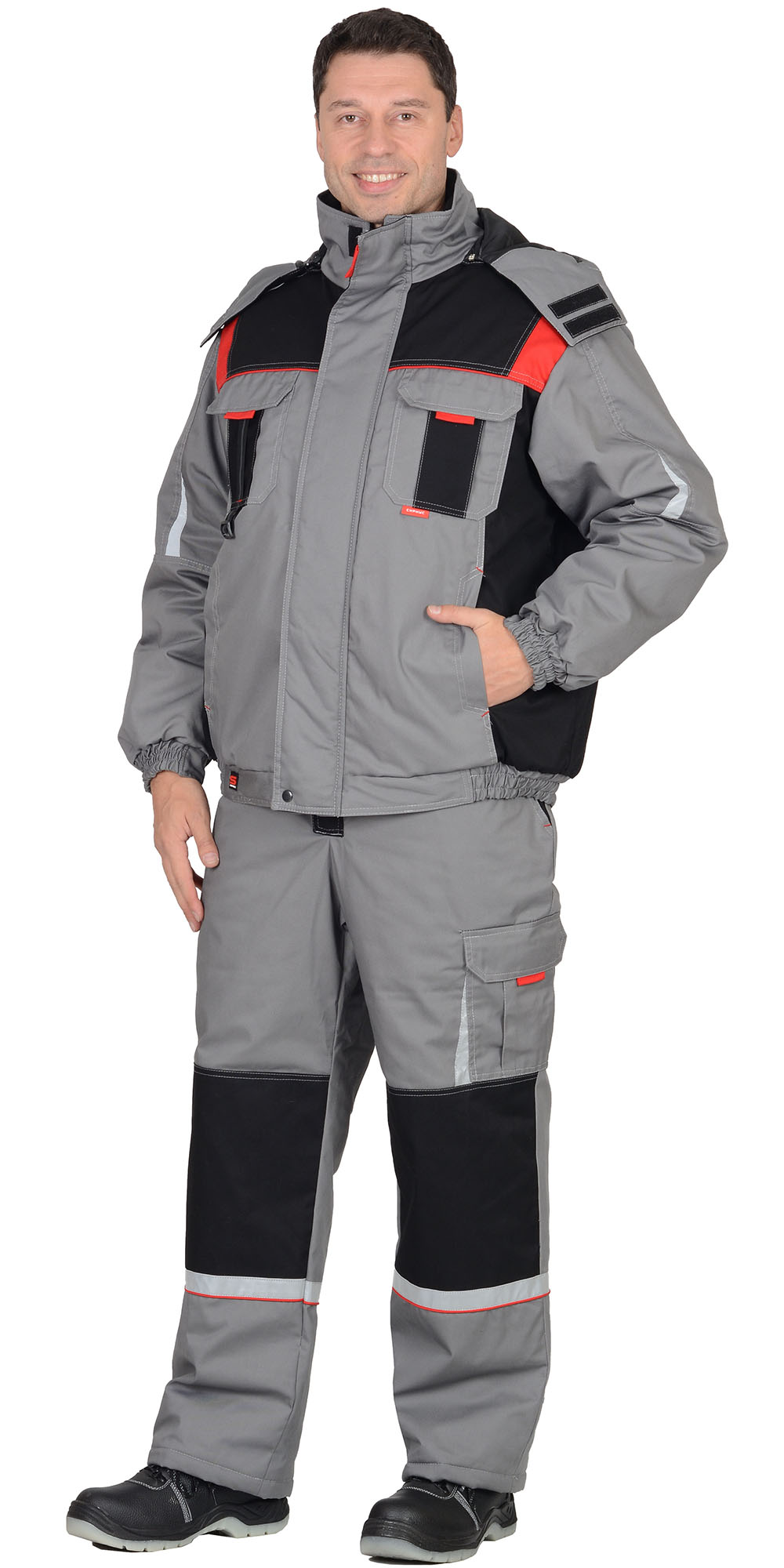Костюм мужской утепленный СТАН, серый/черный/красный, куртка+полукомбинезон