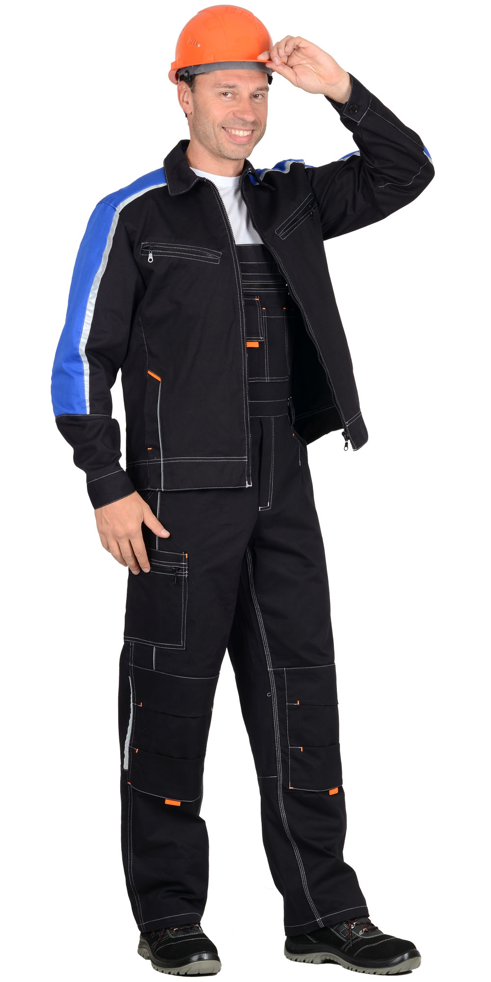 Костюм Джет, куртка, п/к т-синий с васильковым и оранж.отд. 100% х/б, пл. 320 г/м2