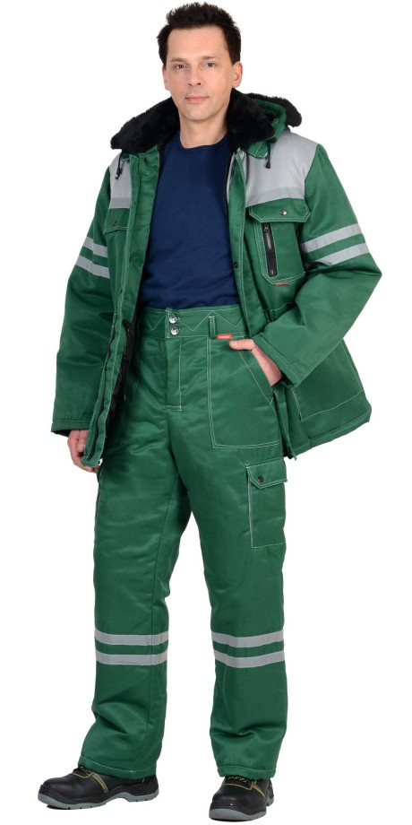 Костюм мужской утепленный ЛИДЕР, серый/зеленый, куртка + брюки